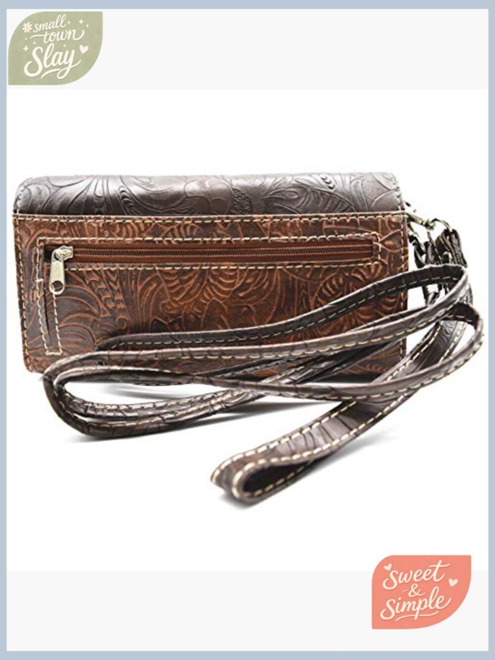 Western Tooled Leather Floral Clutch Wallet with Detachable Wrist Strap - Picture 2 of 4